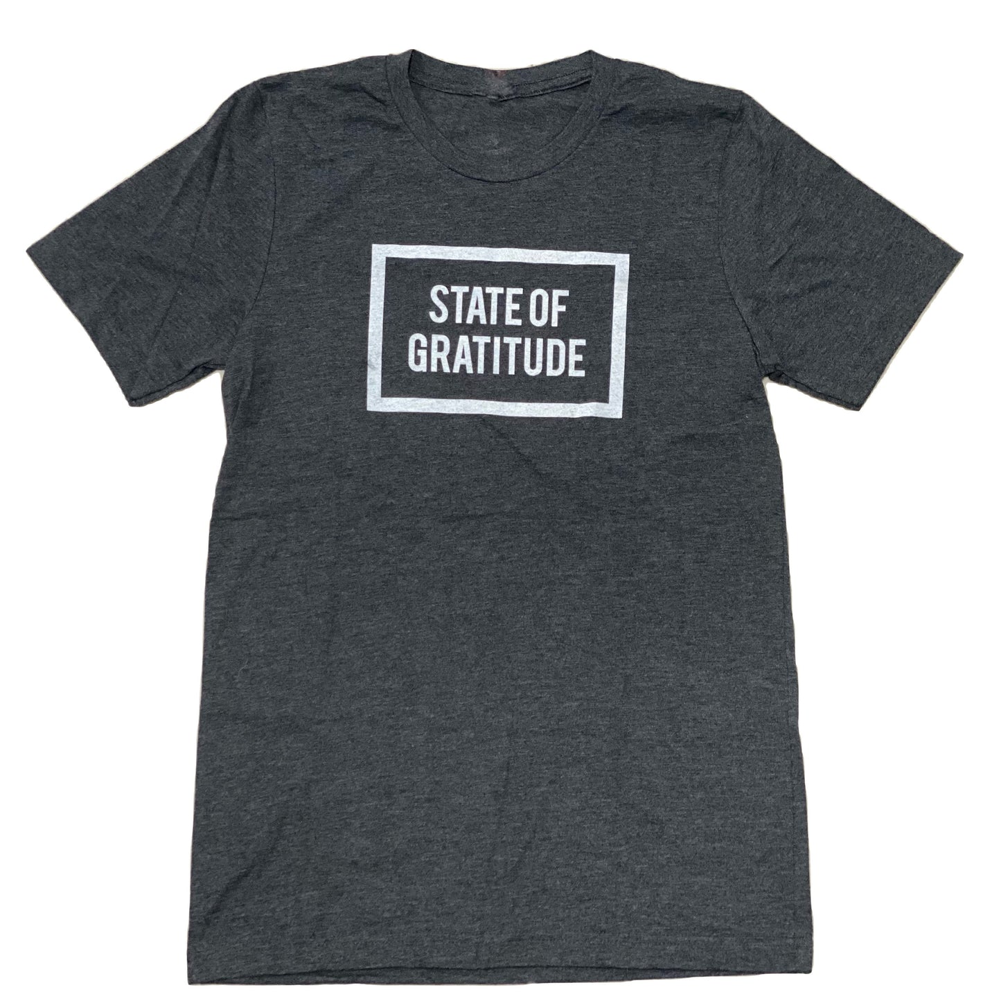 State of Gratitude Unisex, Men's and Women's Heather Grey Top and White logo on front and back with blend material. Athletic fitting. Yoga and Wellness inspired