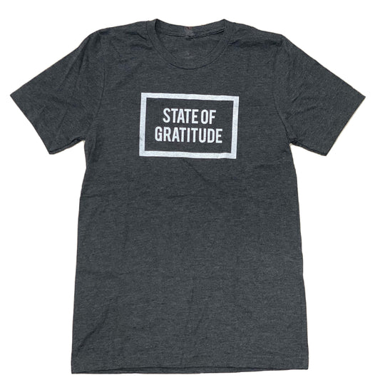 State of Gratitude Unisex, Men's and Women's Heather Grey Top and White logo on front and back with blend material. Athletic fitting. Yoga and Wellness inspired