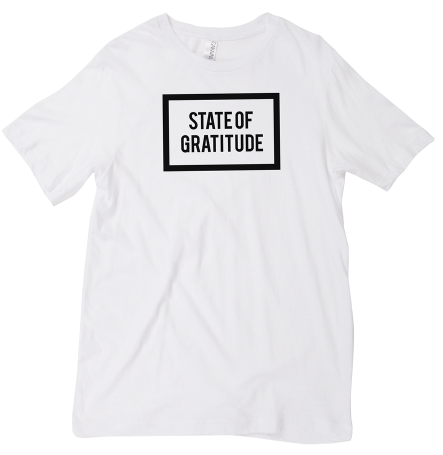 State of Gratitude White Tee Shirt Top. Gratitude Apparel. Recovery apparel. Yoga, Wellness, Athletic, Mindfulness wear. Unisex, Men's, and Women's Clothing