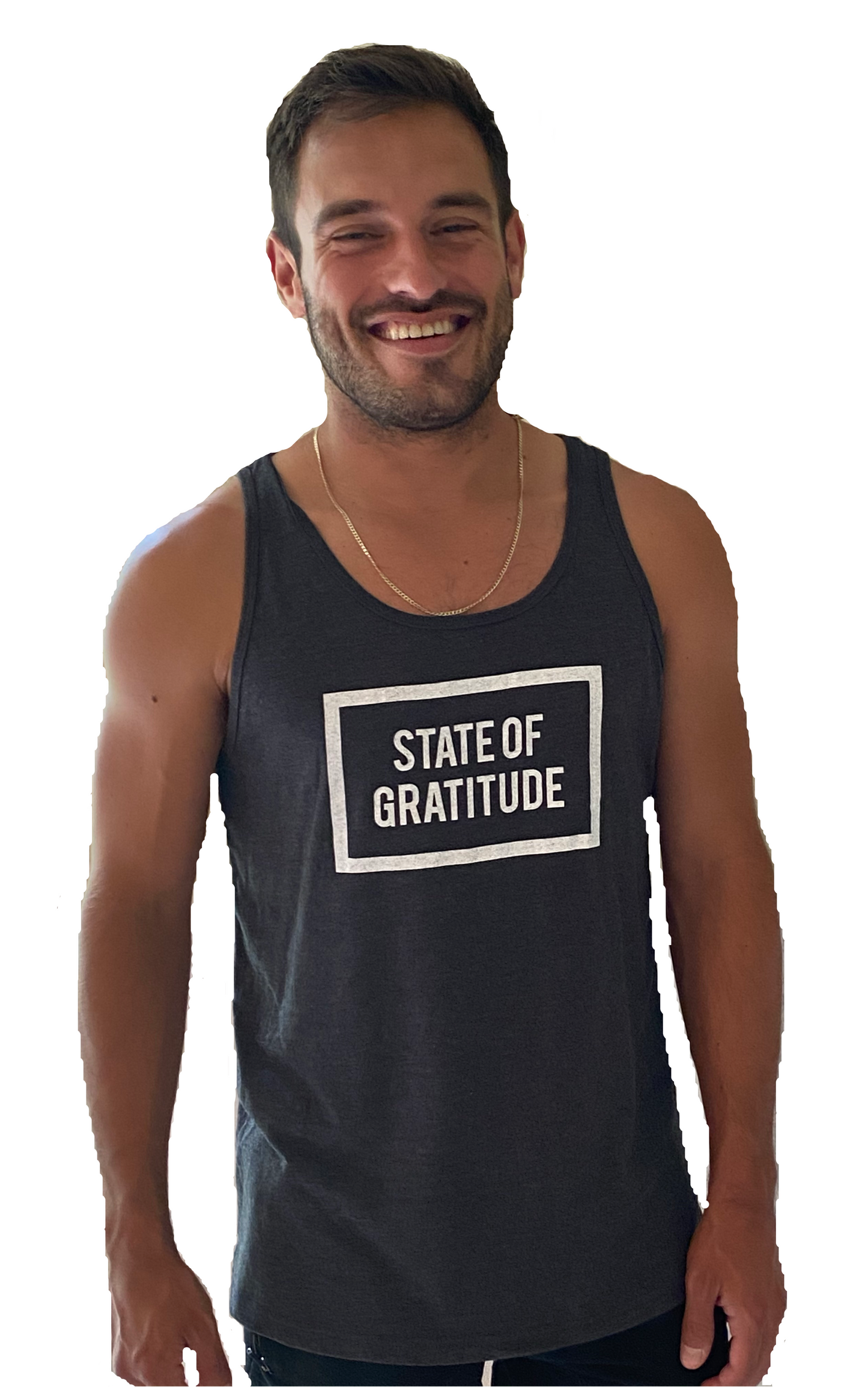 State of Gratitude Unisex, Men's, Women's Tank Top. Athletic Fit. Sleeveless. Jersey Cotton. Heather Grey. 